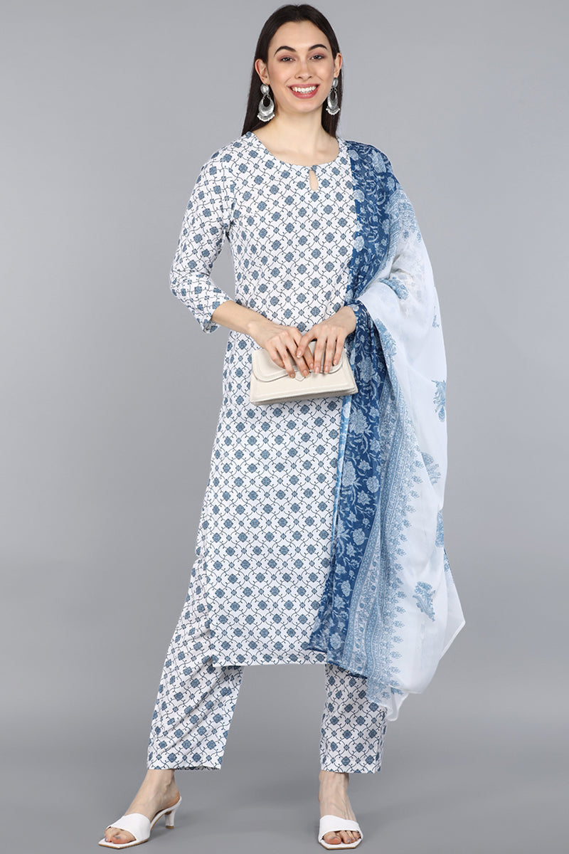 AHIKA Women White Ethnic Motifs Printed Kurta with Trousers With Dupatta