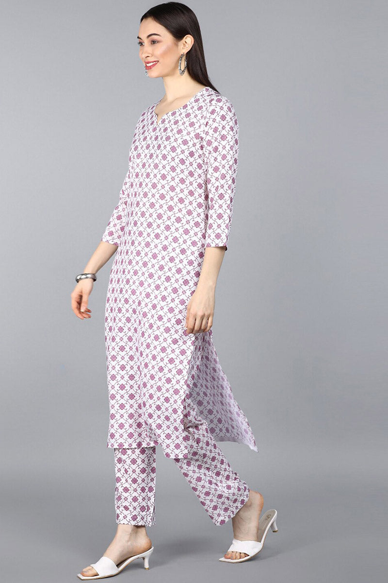 AHIKA Women White  Purple Ethnic Motifs Printed Kurta with Trousers Dupatta 