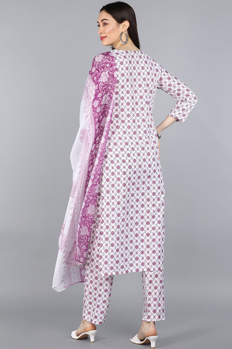 AHIKA Women White  Purple Ethnic Motifs Printed Kurta with Trousers Dupatta 