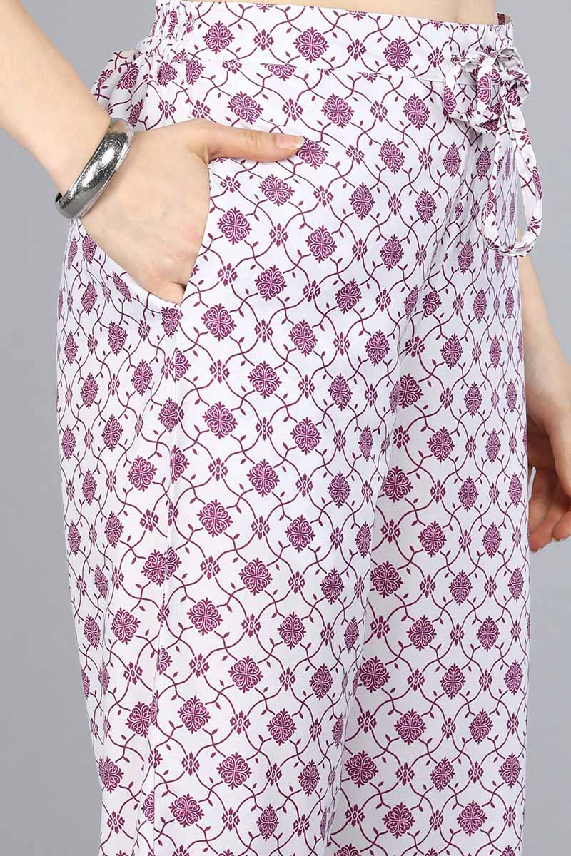 AHIKA Women White  Purple Ethnic Motifs Printed Kurta with Trousers Dupatta 