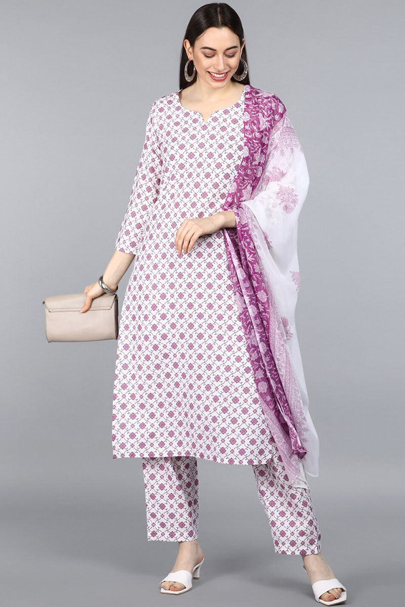 AHIKA Women White  Purple Ethnic Motifs Printed Kurta with Trousers Dupatta 