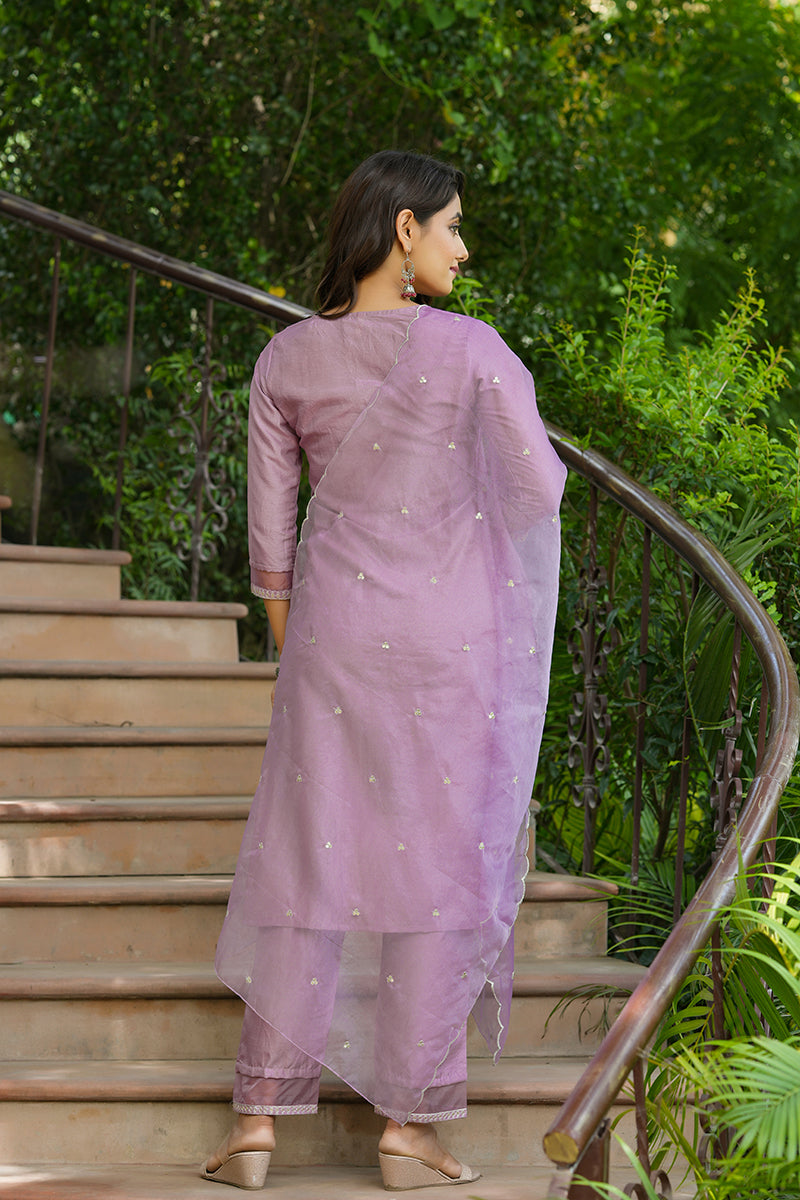 AHIKA Women Mauve Solid Embroidered Kurti Trousers With Dupatta
