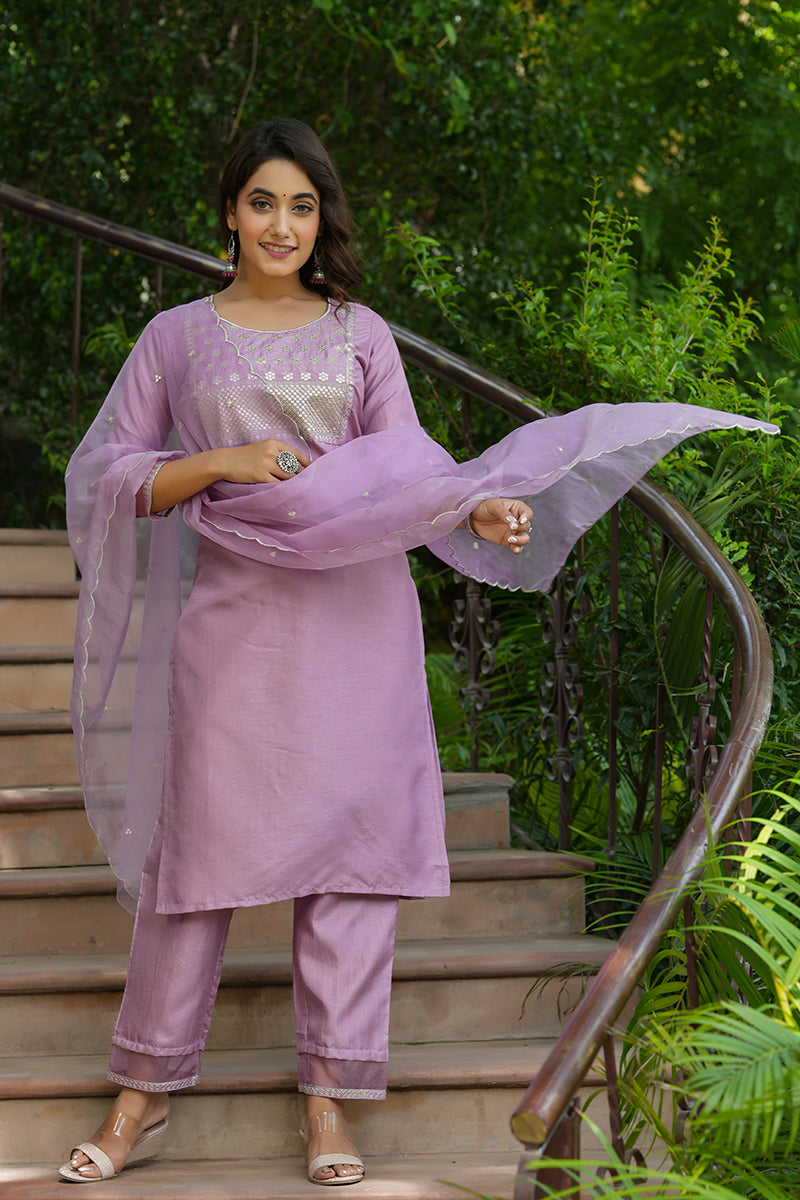 AHIKA Women Mauve Solid Embroidered Kurti Trousers With Dupatta