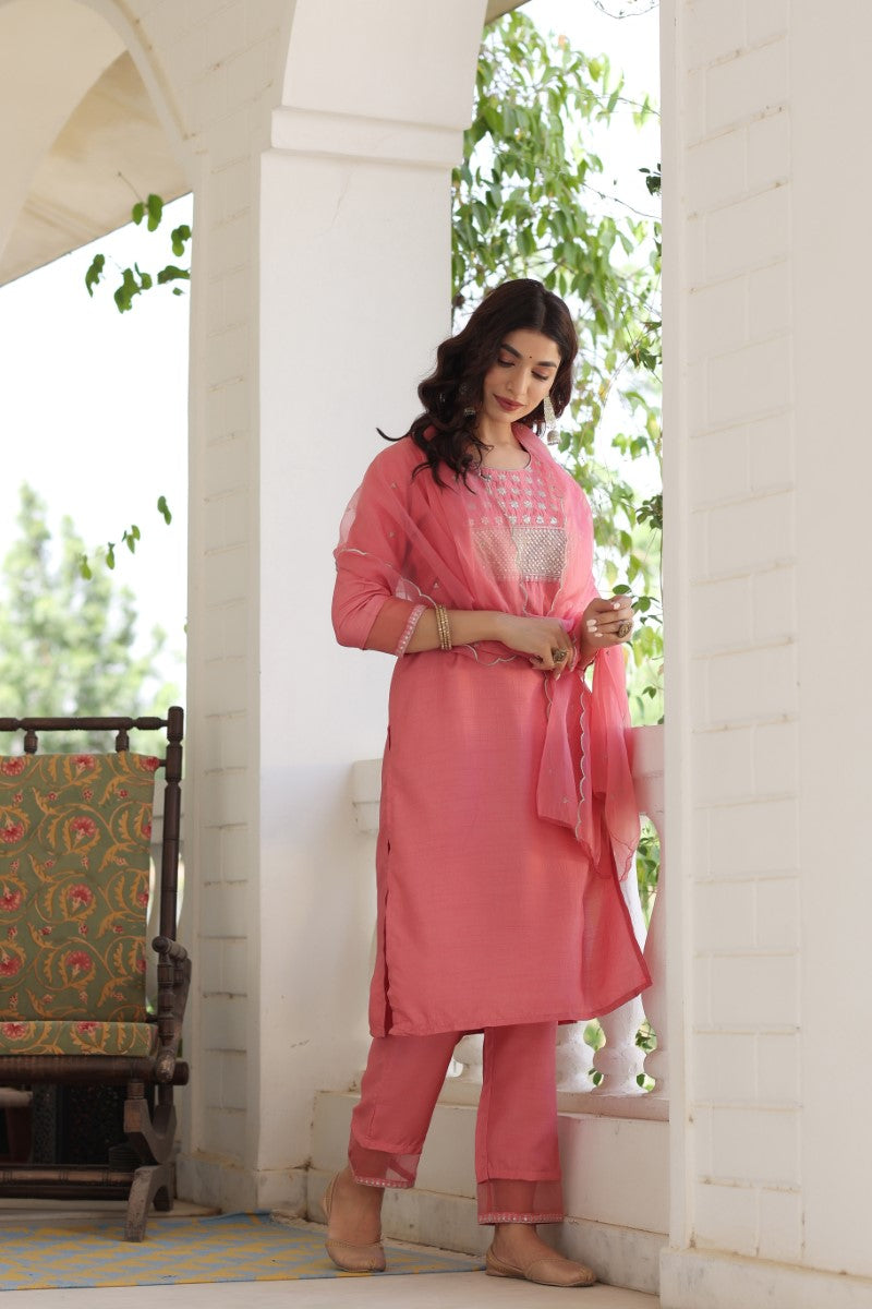AHIKA Women Pink Solid Embroidered Kurti Trousers With Dupatta 