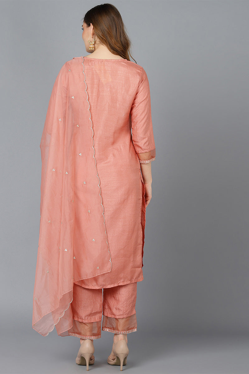 Ahika Women Orange Poly Silk Solid Yoke Design Kurta Trousers With Dupatta 