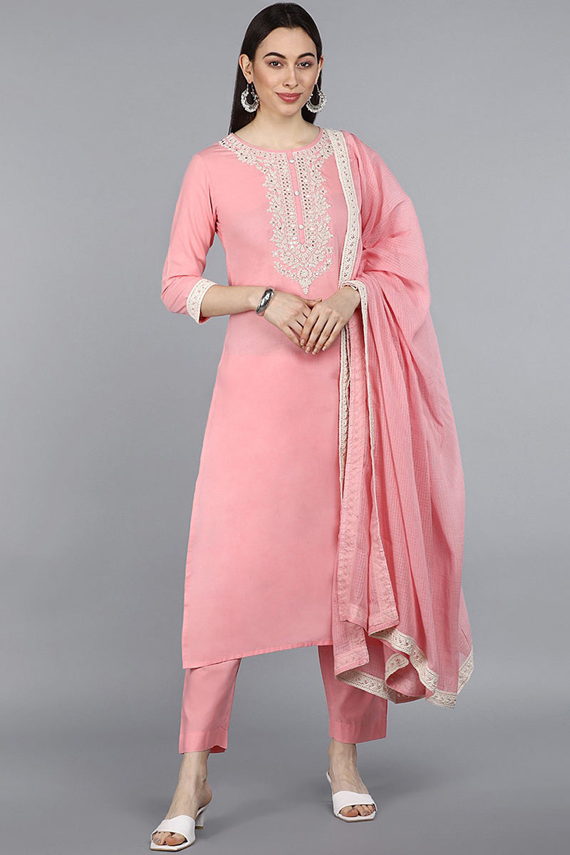 AHIKA Women Pink Ethnic Motifs Embroidered Pure Cotton Kurta with Trousers With Dupatta 