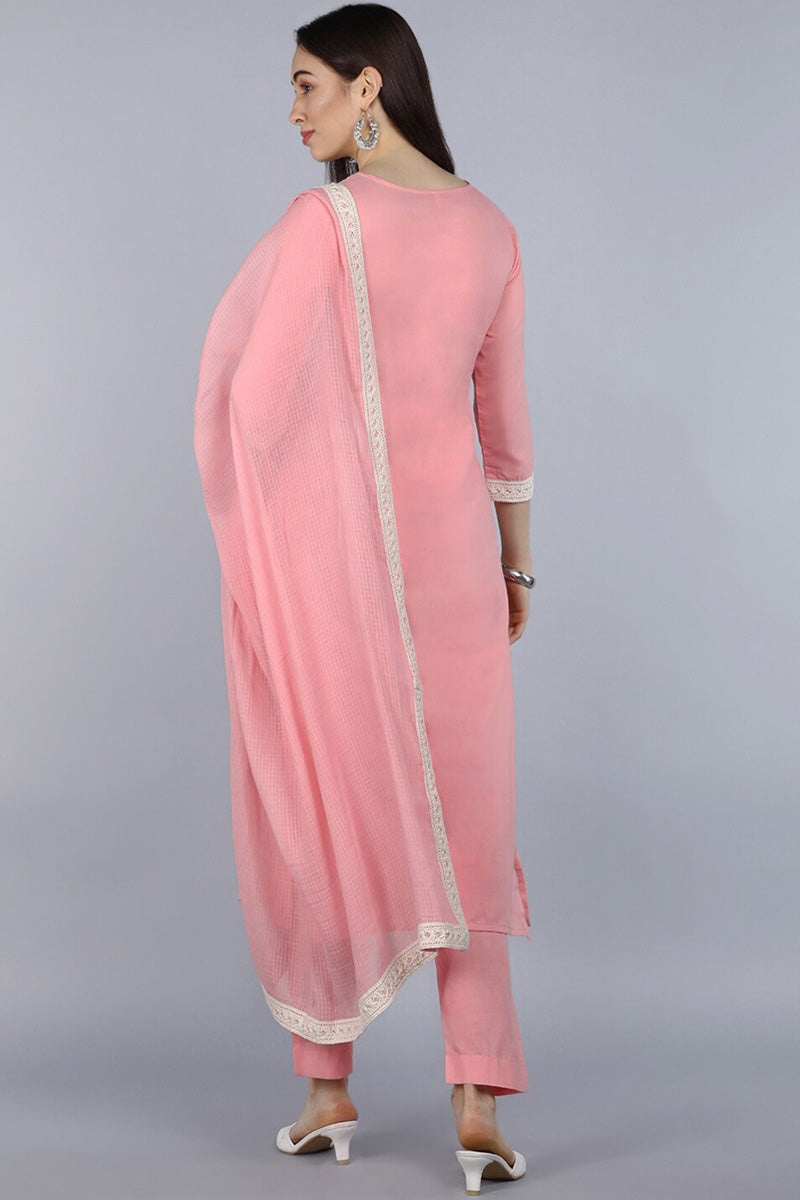 AHIKA Women Pink Ethnic Motifs Embroidered Pure Cotton Kurta with Trousers With Dupatta 