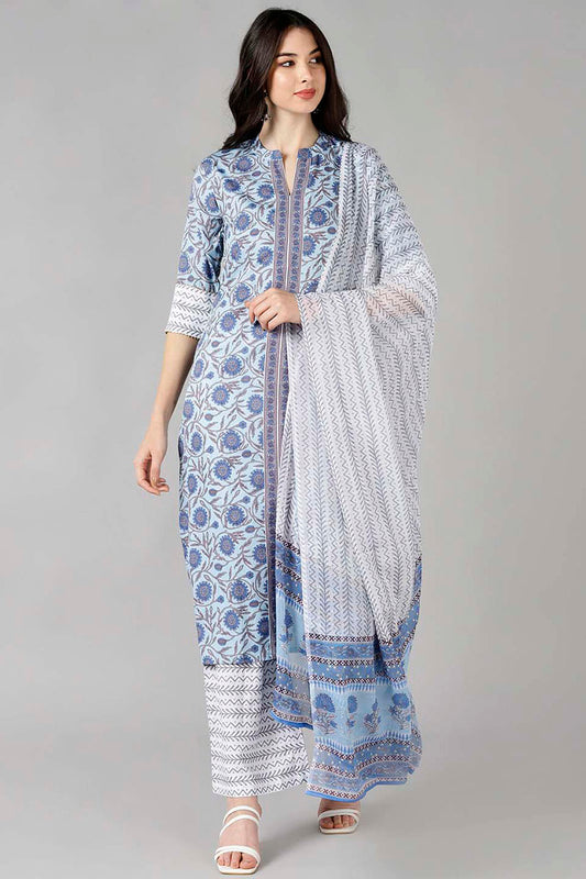 AHIKA Women Blue Floral Printed Kurta Trousers With Dupatta