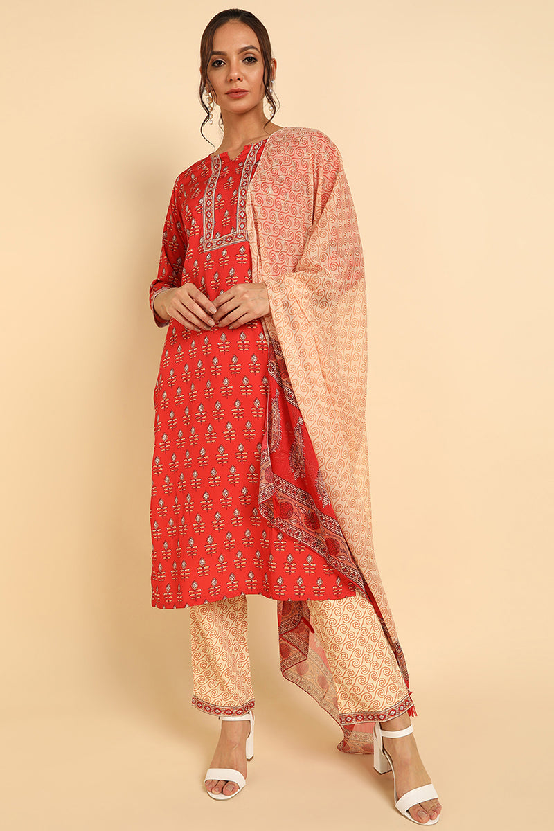 AHIKA Women Red Printed Kurta Trousers With Dupatta