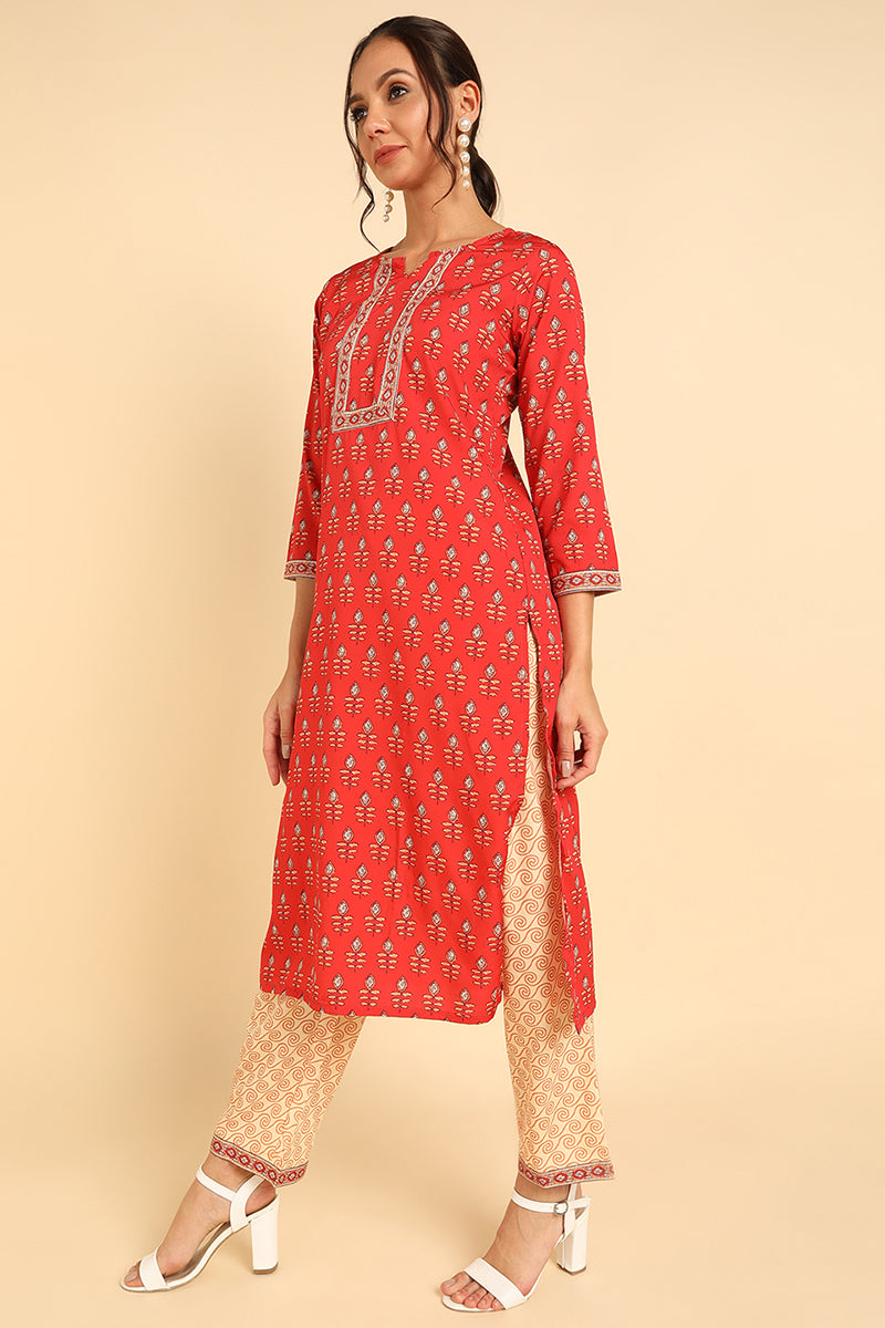 AHIKA Women Red Printed Kurta Trousers With Dupatta