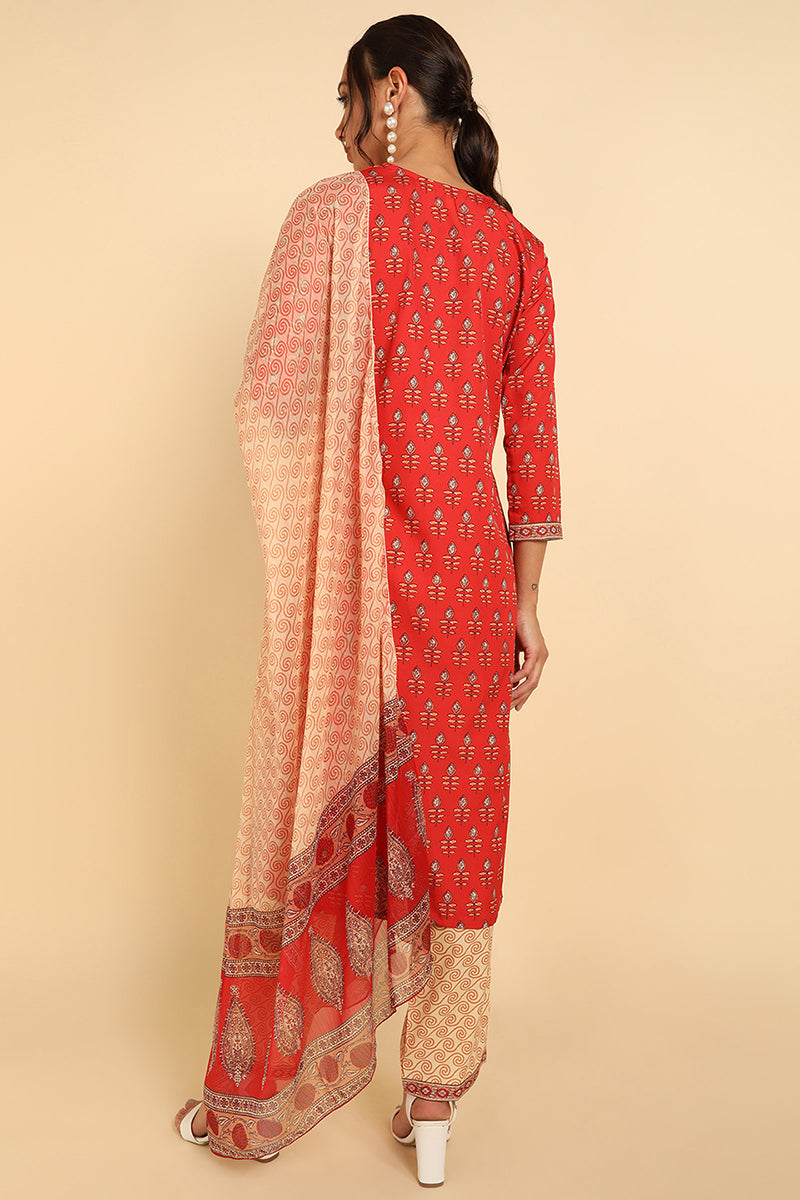 AHIKA Women Red Printed Kurta Trousers With Dupatta