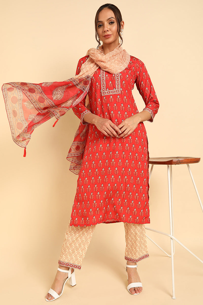 AHIKA Women Red Printed Kurta Trousers With Dupatta