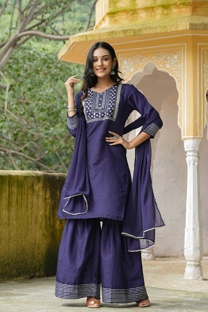 AHIKA Women Navy Blue Solid Embroidered Kurta Sharara With Dupatta