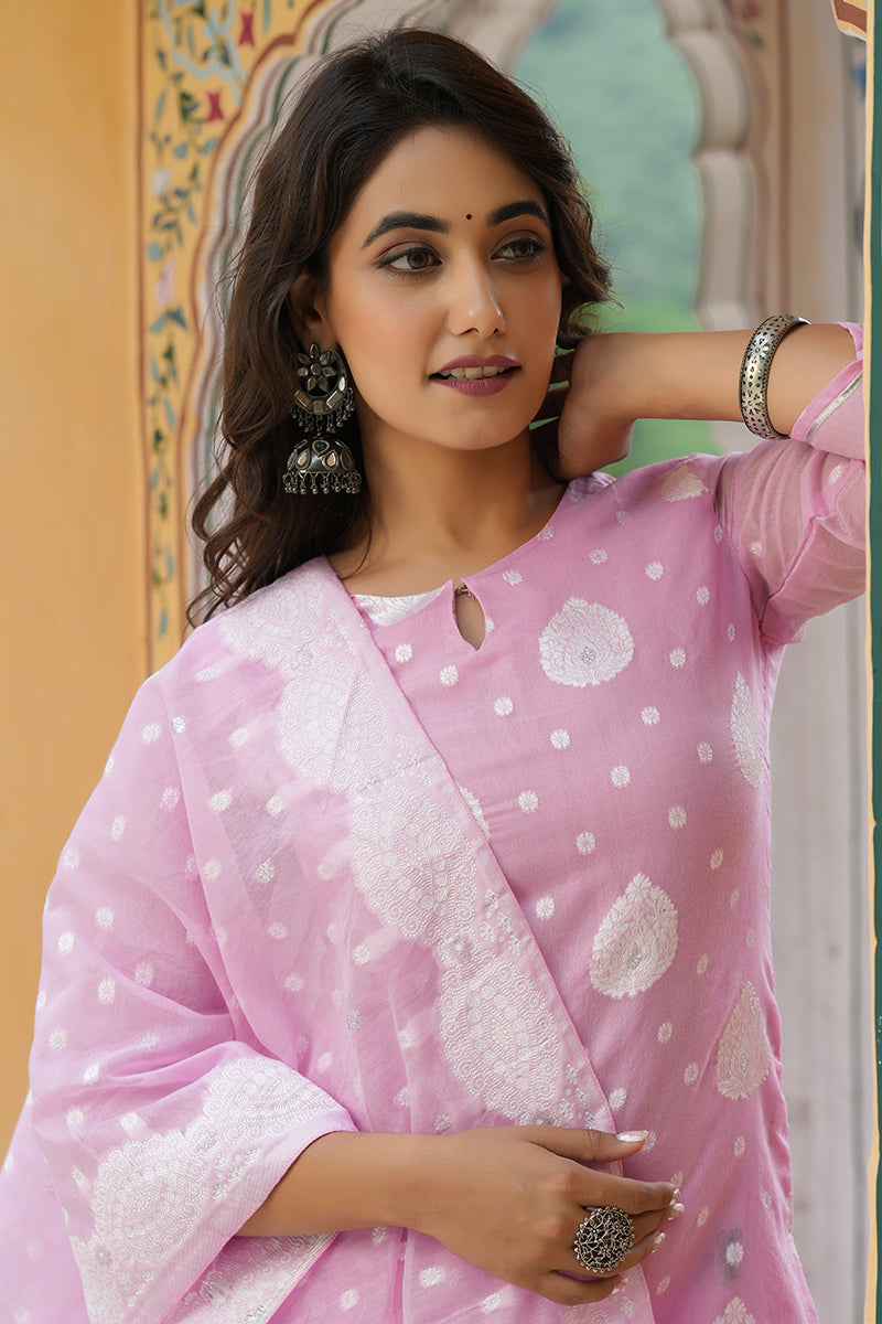 AHIKA Women Pink Woven Design Kurta Trousers With Dupatta