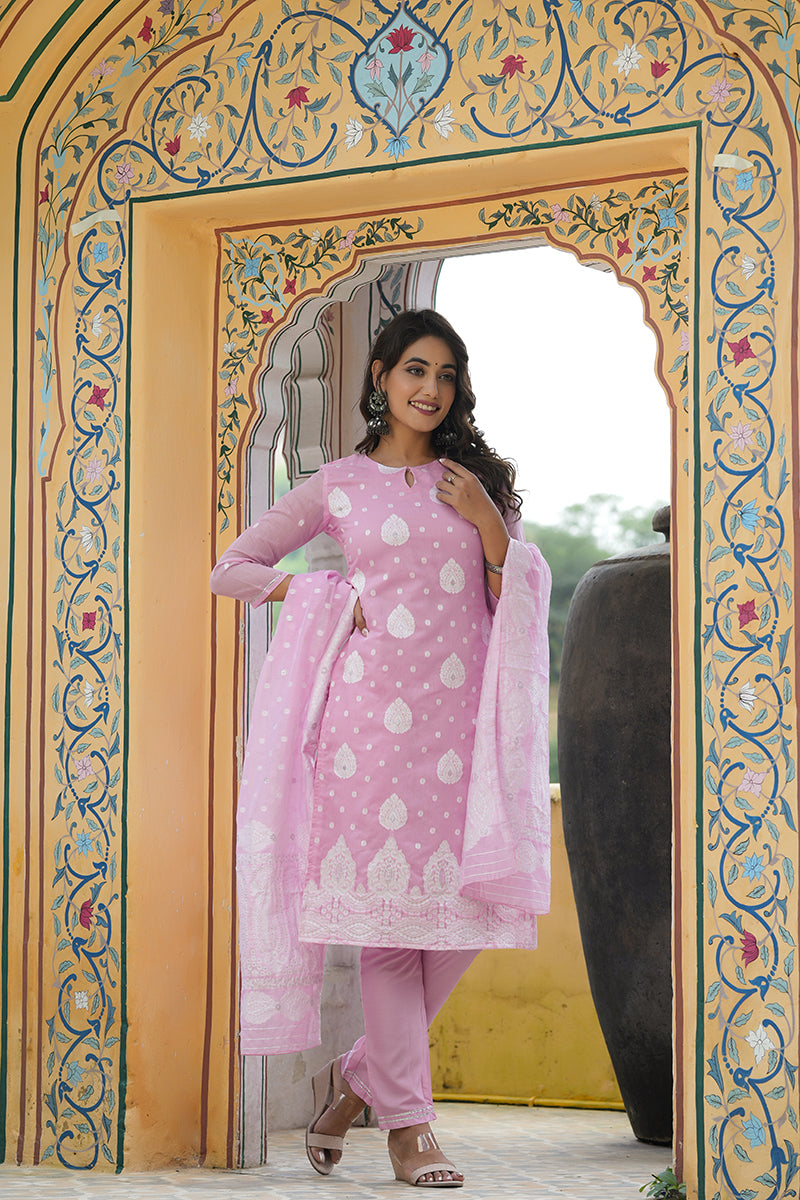 AHIKA Women Pink Woven Design Kurta Trousers With Dupatta