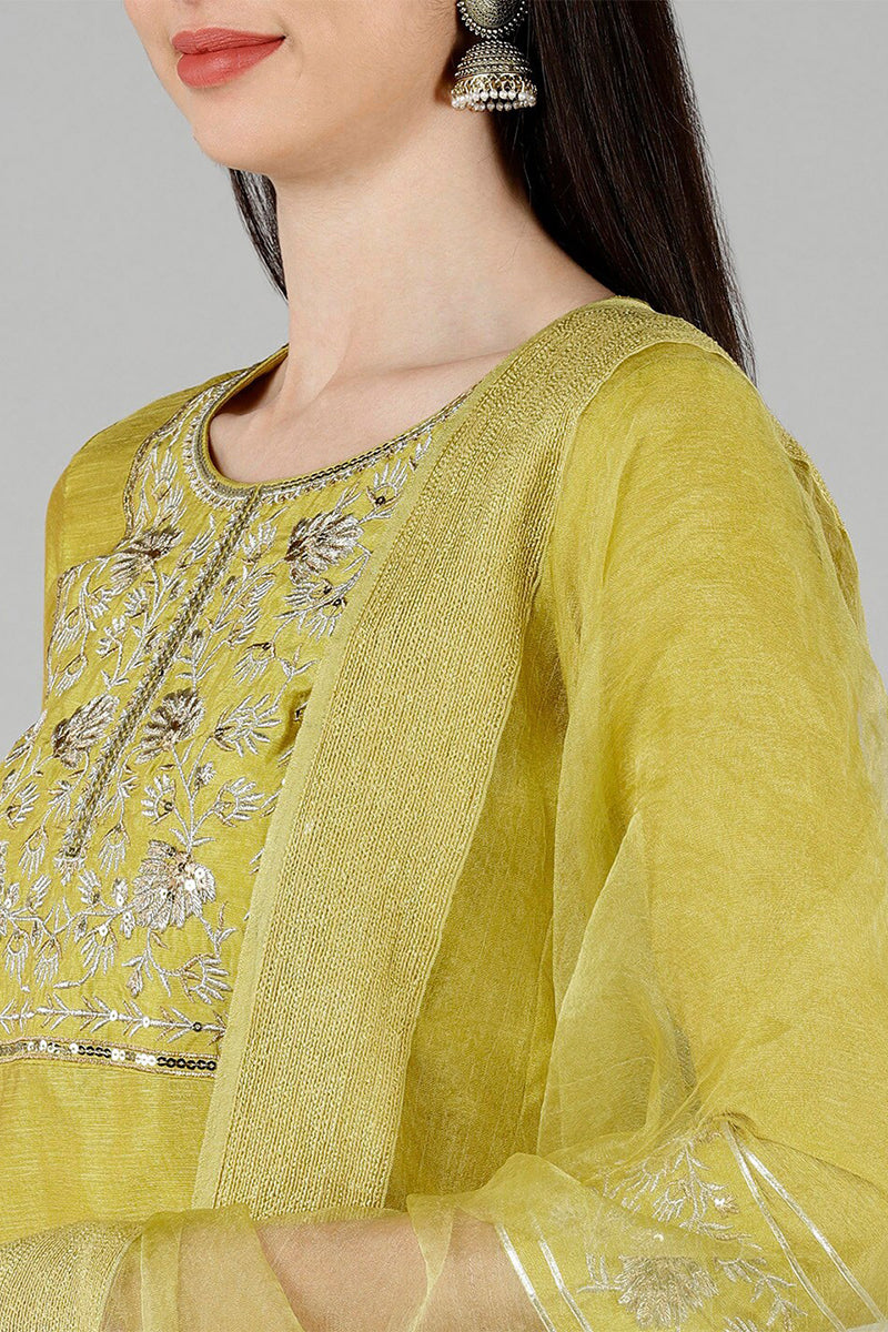 AHIKA Women Yellow Solid Embroidered Kurta Trousers With Dupatta