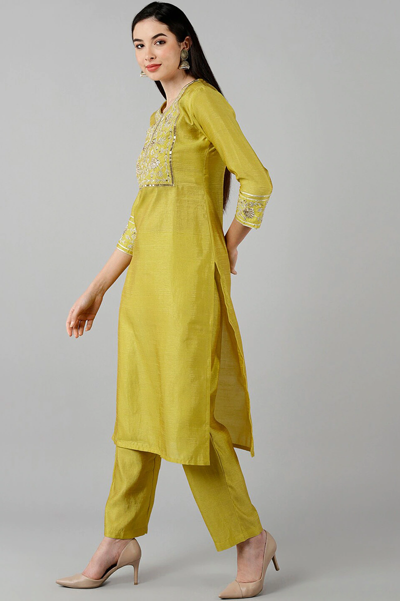 AHIKA Women Yellow Solid Embroidered Kurta Trousers With Dupatta