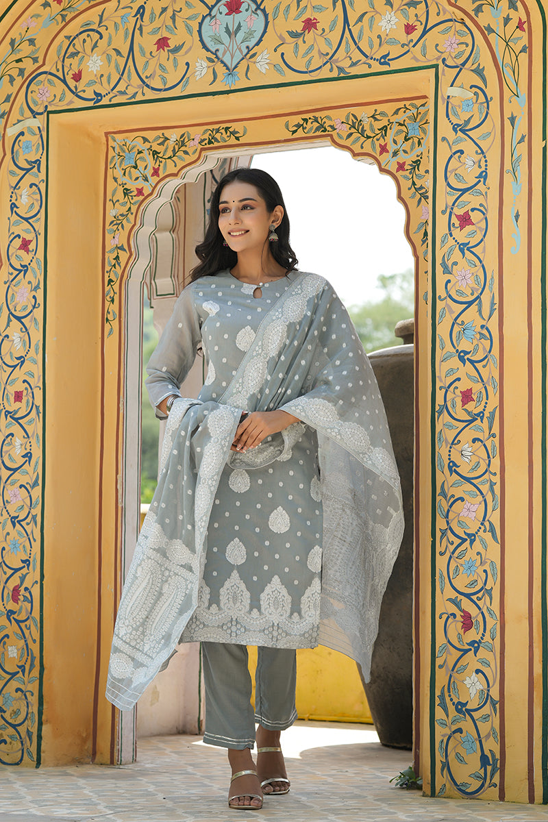 AHIKA Women Grey Woven Design Kurta Trousers With Dupatta