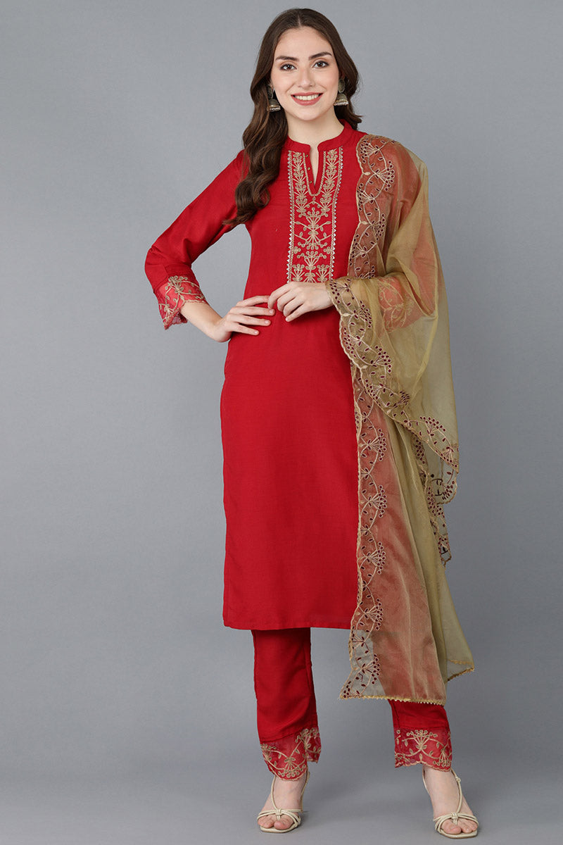 Ahika Women Red Embroidered Kurta Trousers With Dupatta