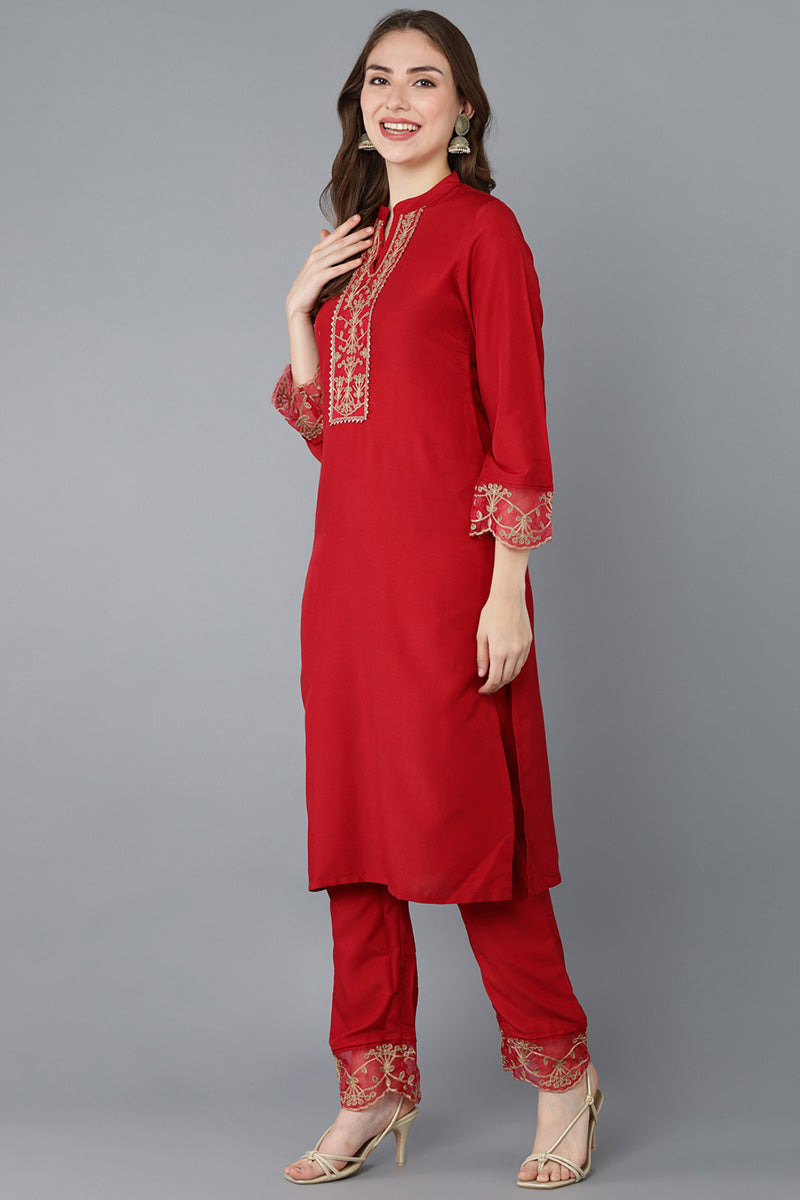 Ahika Women Red Embroidered Kurta Trousers With Dupatta