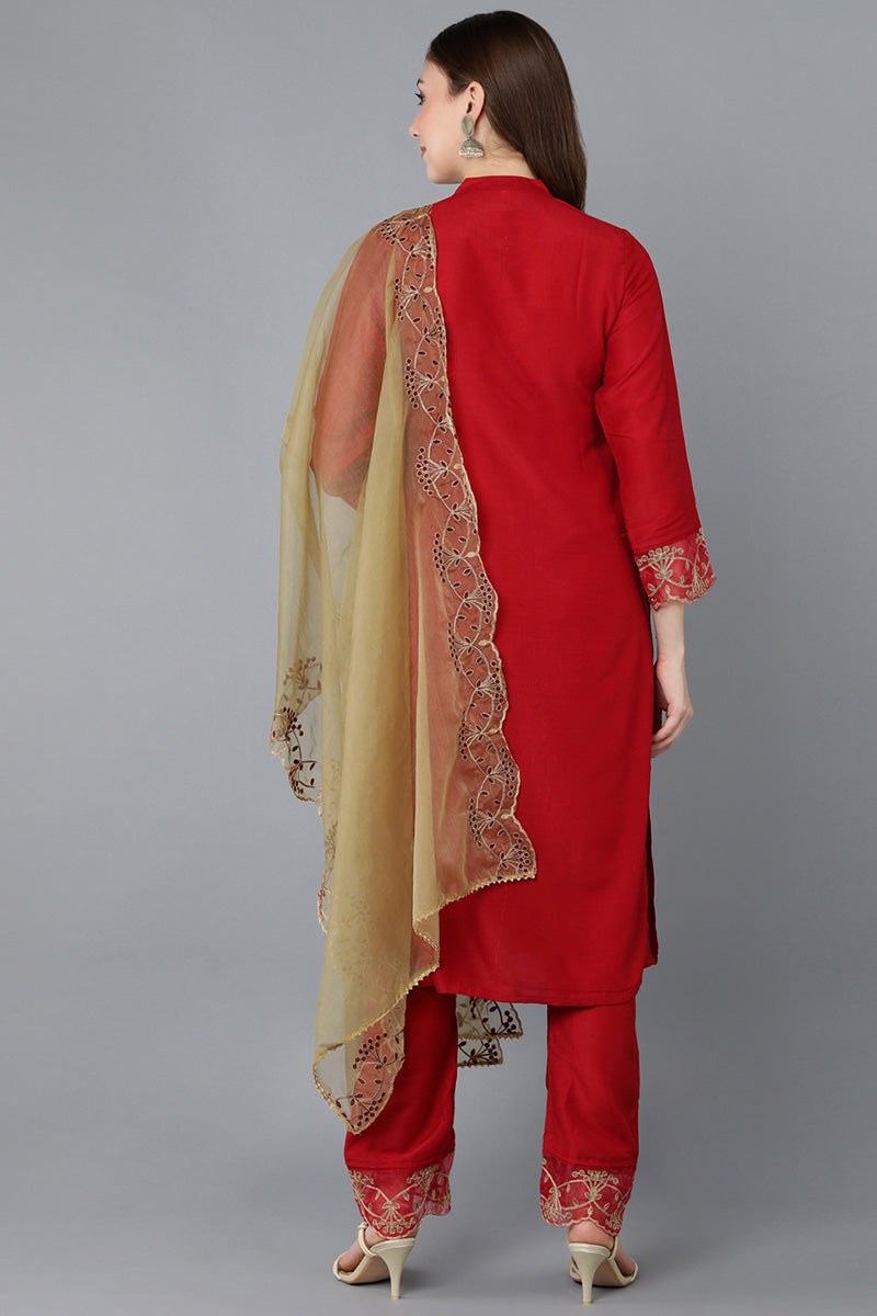 Ahika Women Red Embroidered Kurta Trousers With Dupatta