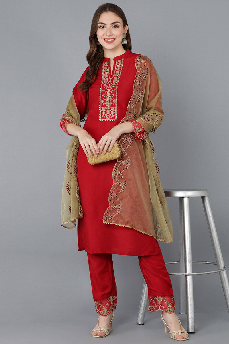 Ahika Women Red Embroidered Kurta Trousers With Dupatta