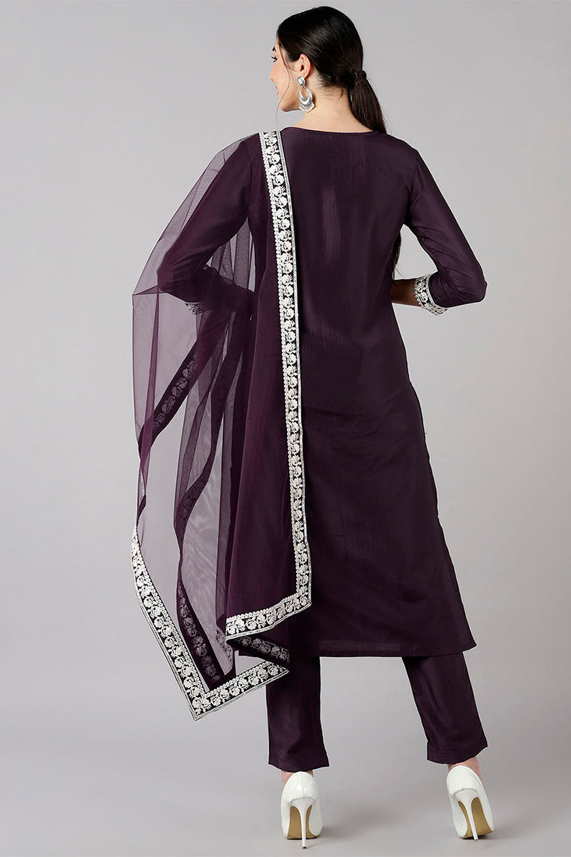 AHIKA Women Purple Solid Embroidered Kurta Trousers With Dupatta