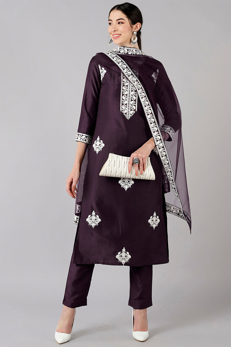 AHIKA Women Purple Solid Embroidered Kurta Trousers With Dupatta