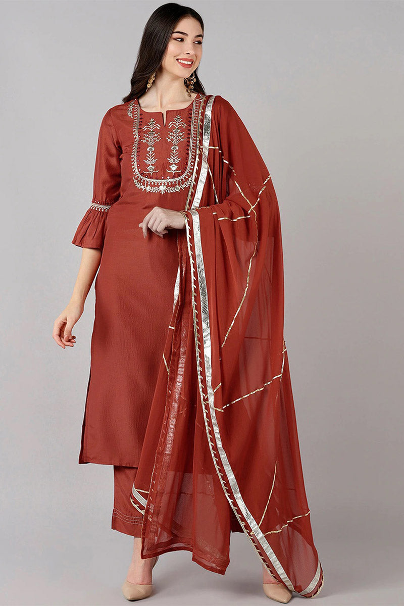 Rust Polyester Gotta Patti Straight Suit Set PKSKD1283