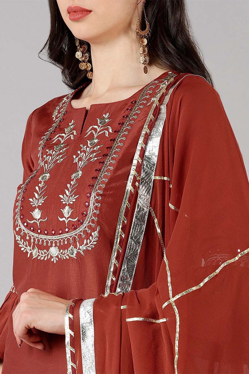 Rust Polyester Gotta Patti Straight Suit Set PKSKD1283