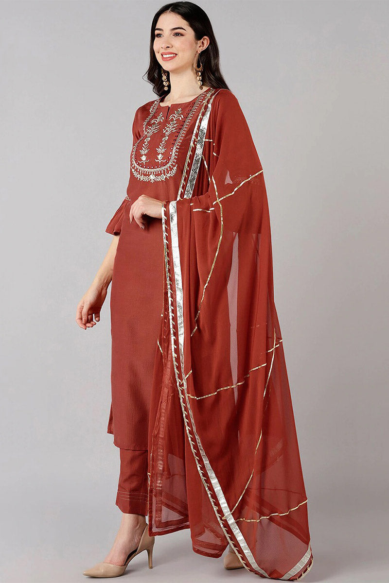 Rust Polyester Gotta Patti Straight Suit Set PKSKD1283