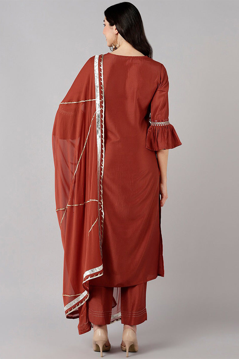Rust Polyester Gotta Patti Straight Suit Set PKSKD1283