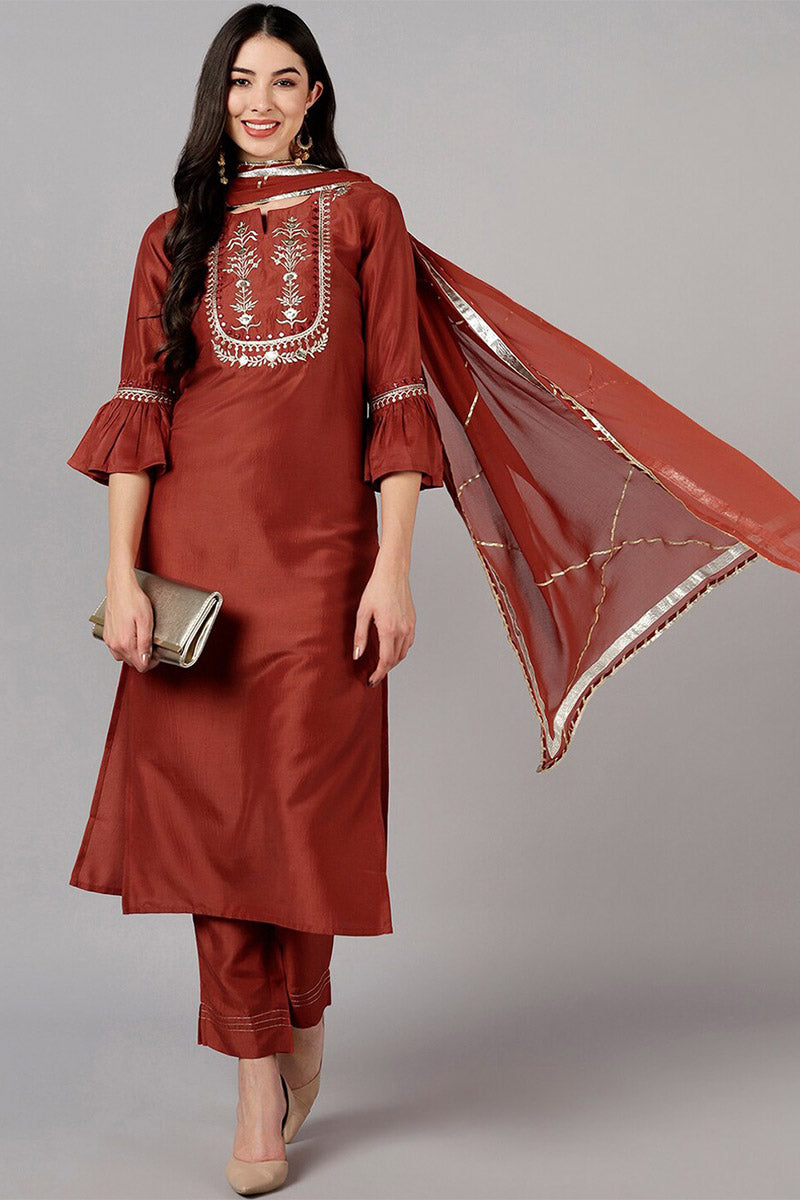 Rust Polyester Gotta Patti Straight Suit Set PKSKD1283