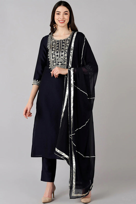 Navy Blue Polyester Straight Kurta Pant With Dupatta PKSKD1284