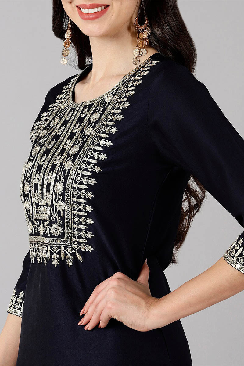 AHIKA Women Navy Blue Solid Embroidered Kurta Trousers With Dupatta.