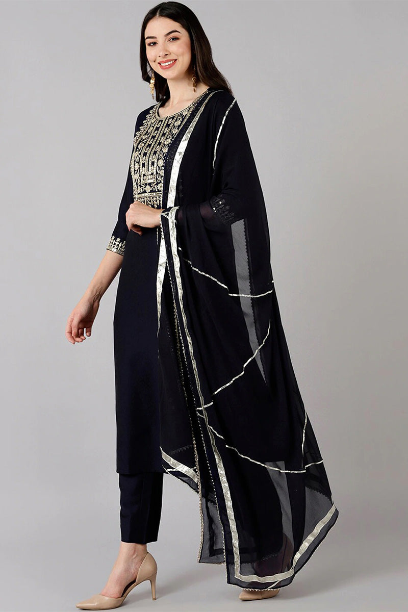 AHIKA Women Navy Blue Solid Embroidered Kurta Trousers With Dupatta