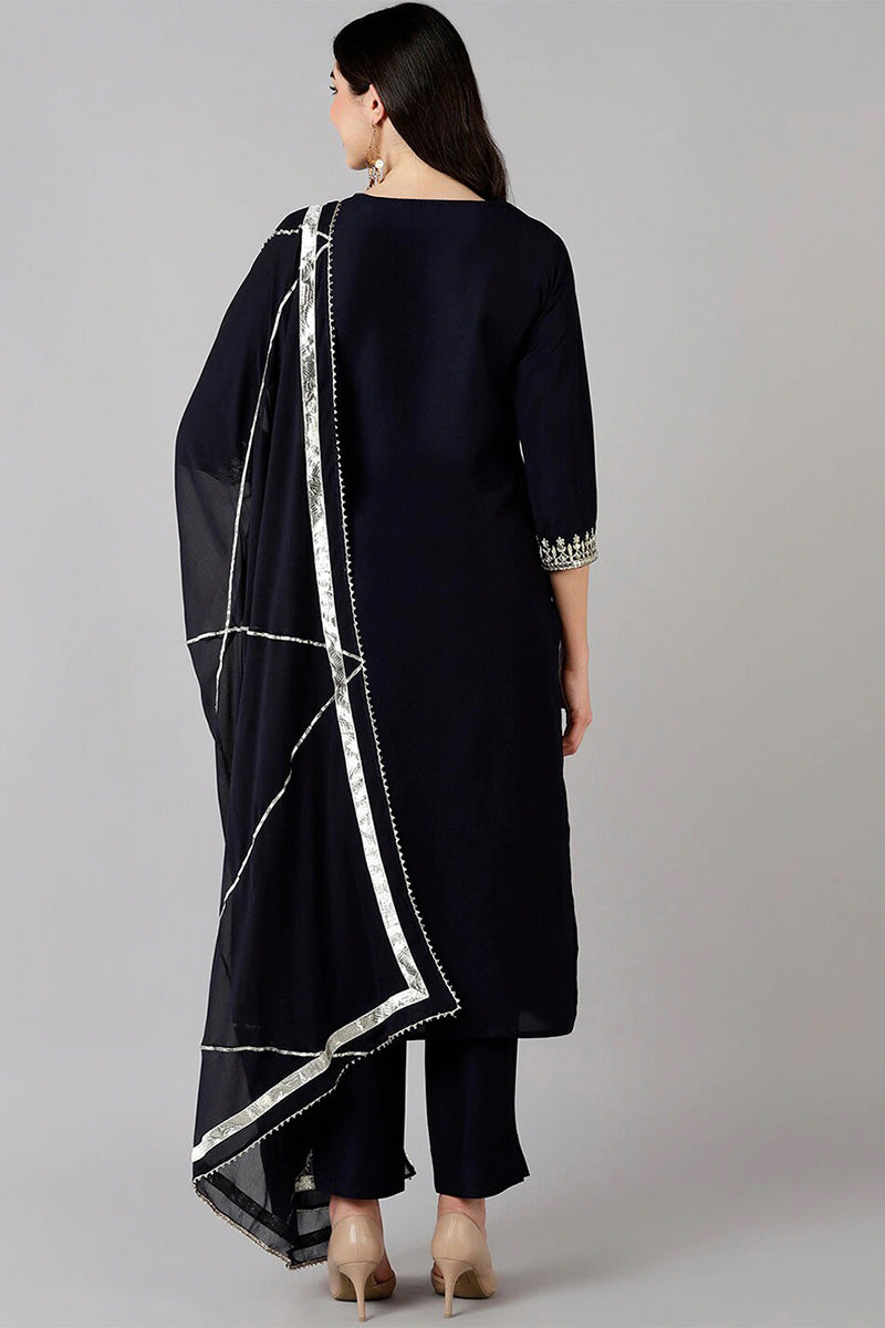 Navy Blue Polyester Straight Kurta Pant With Dupatta PKSKD1284