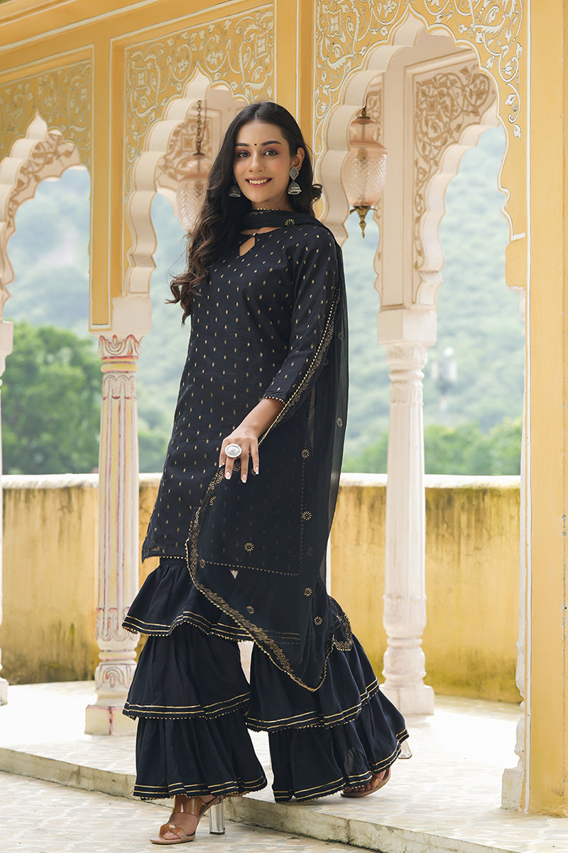 AHIKA Women Black Woven Design Kurta Sharara With Dupatta