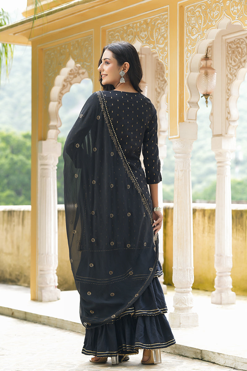 AHIKA Women Black Woven Design Kurta Sharara With Dupatta