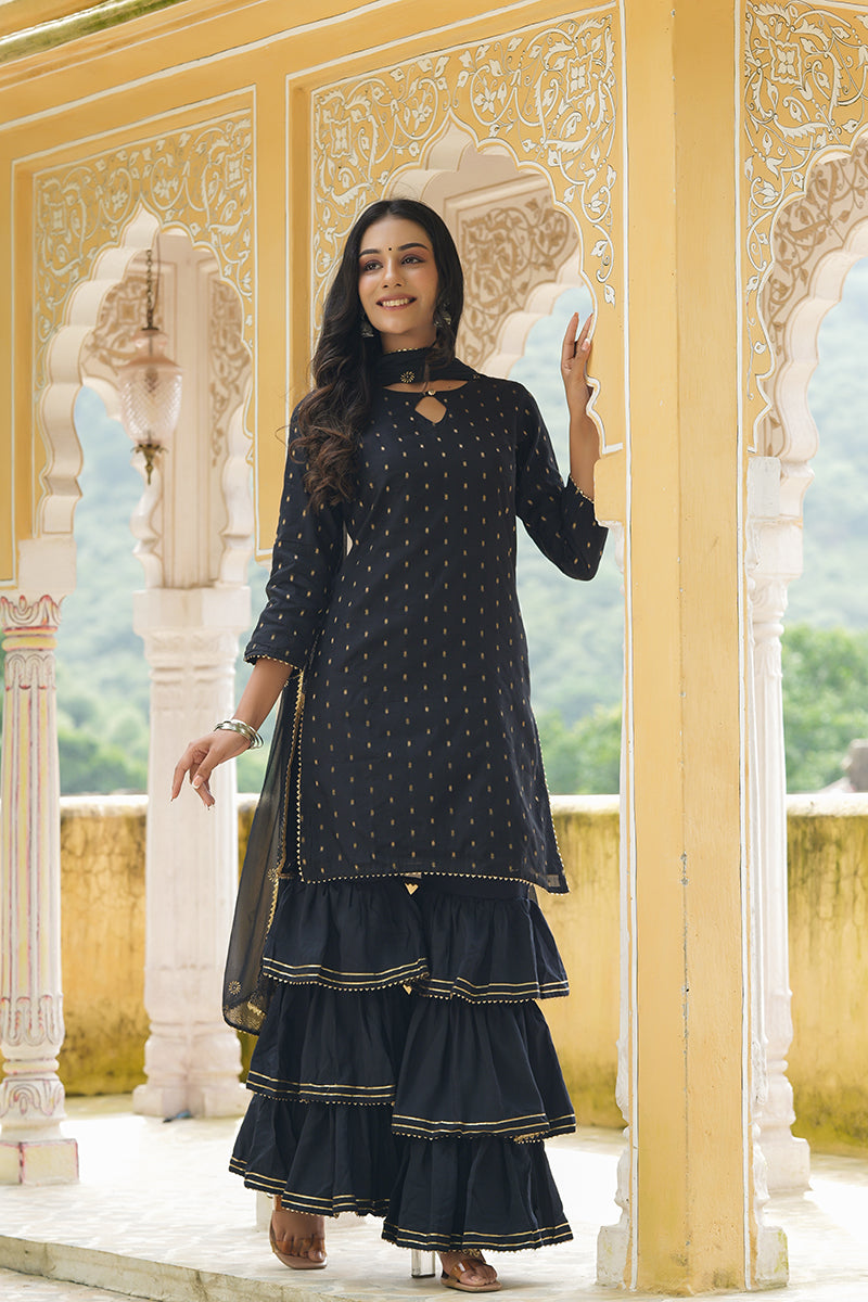 AHIKA Women Black Woven Design Kurta Sharara With Dupatta