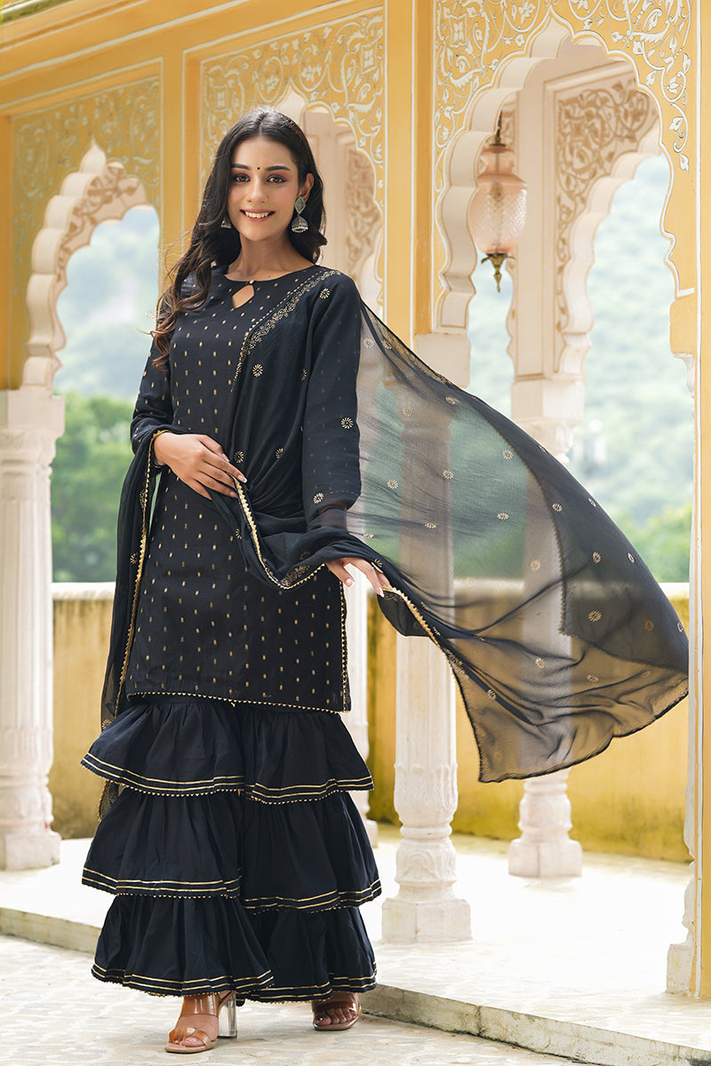 AHIKA Women Black Woven Design Kurta Sharara With Dupatta