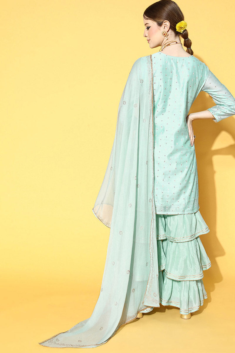 AHIKA Women Blue Woven Design Kurta Sharara With Dupatta