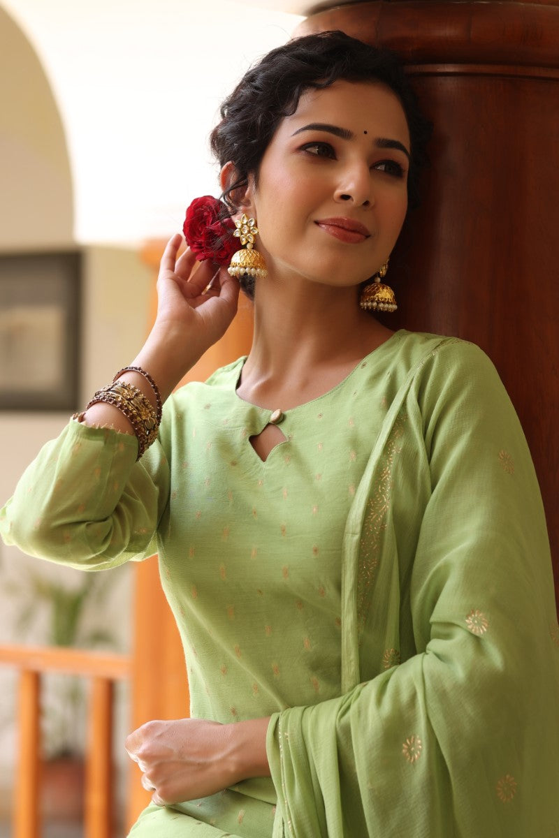 AHIKA Women Green Woven Design Kurta Sharara With Dupatta