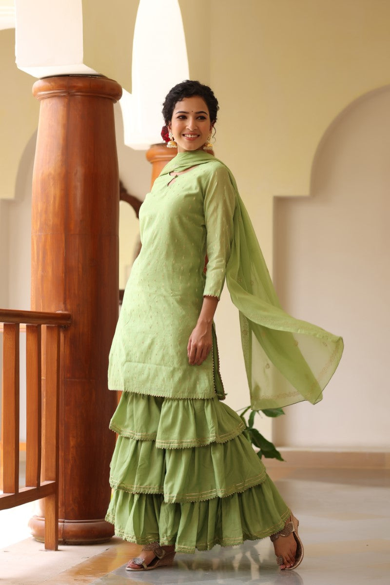 AHIKA Women Green Woven Design Kurta Sharara With Dupatta