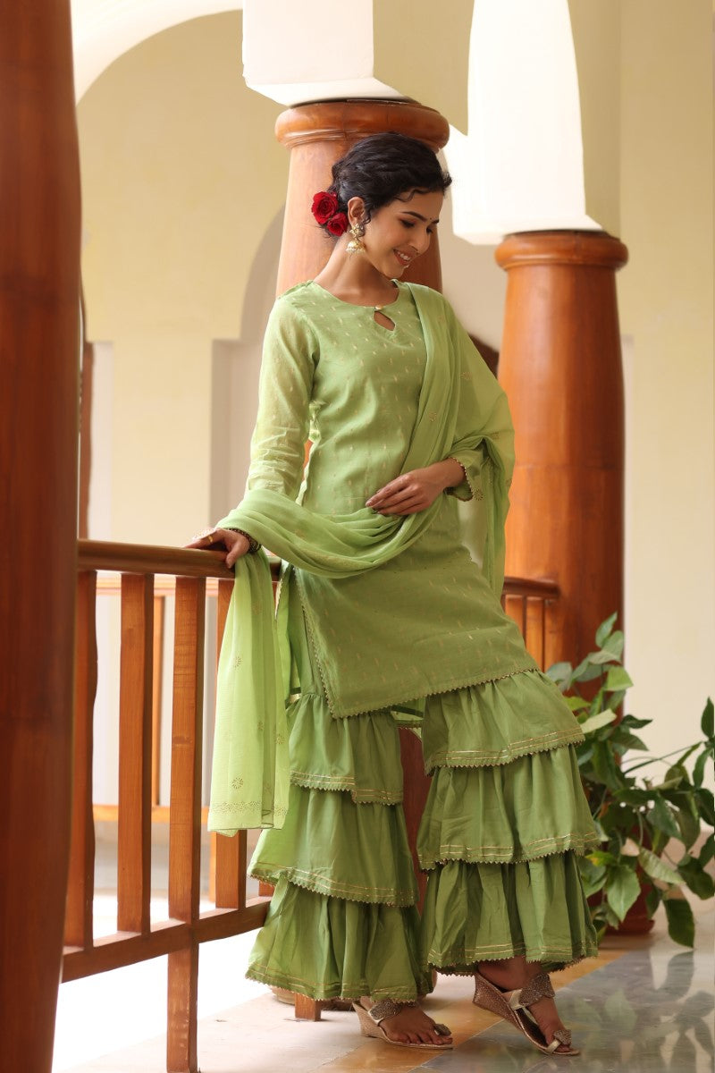 Green Color Designer Delight ruffle palazzo suit