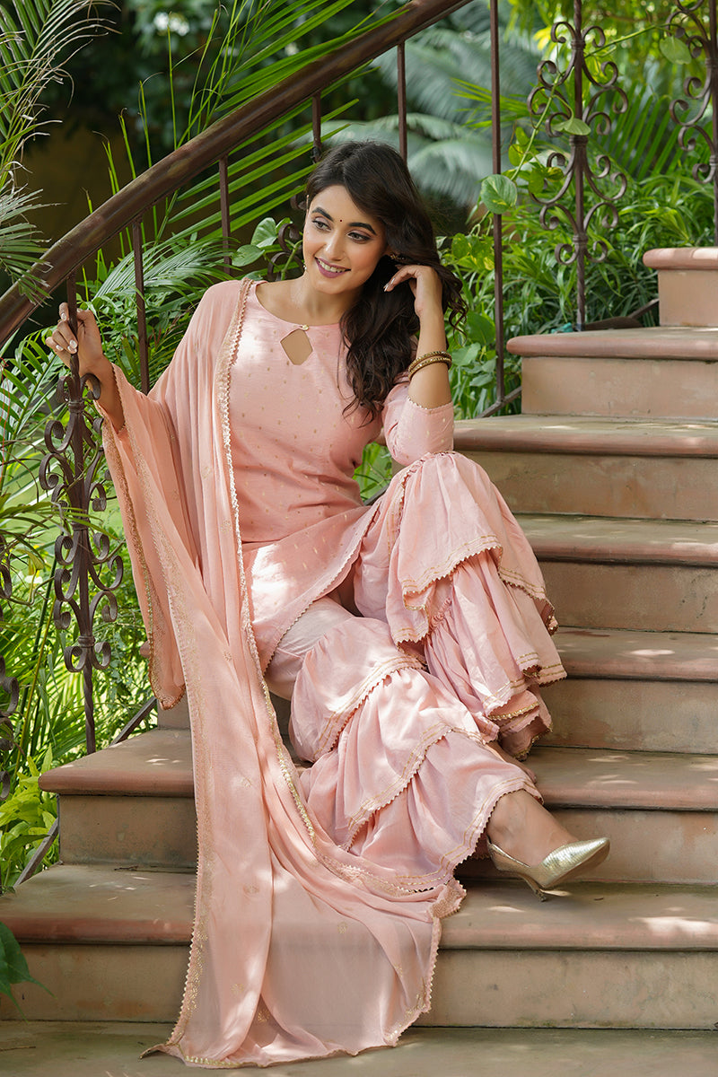 AHIKA Women Pink Woven Design Kurta Sharara With Dupatta