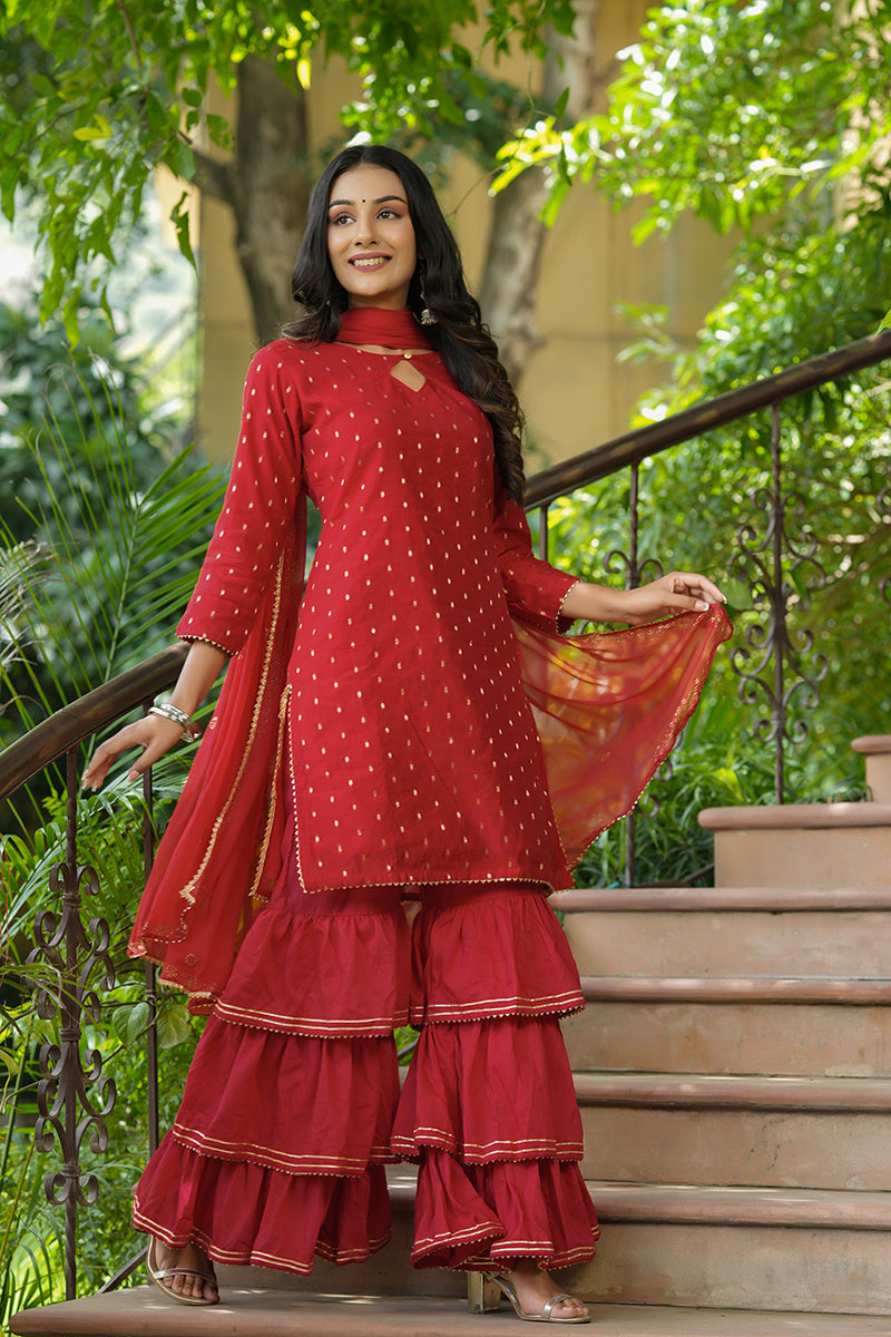 Drop Printed Full Sleeves Sharara Suit Set with A Peplum Top Front Emb –  Basanti Kapde aur Koffee