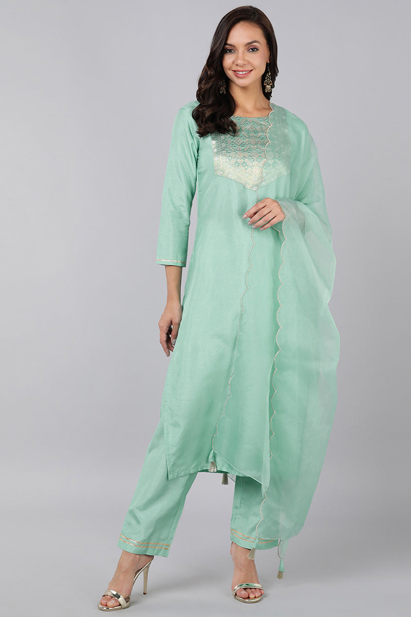 AHIKA Women Sea Green Yoke Design Kurta Trousers With Dupatta