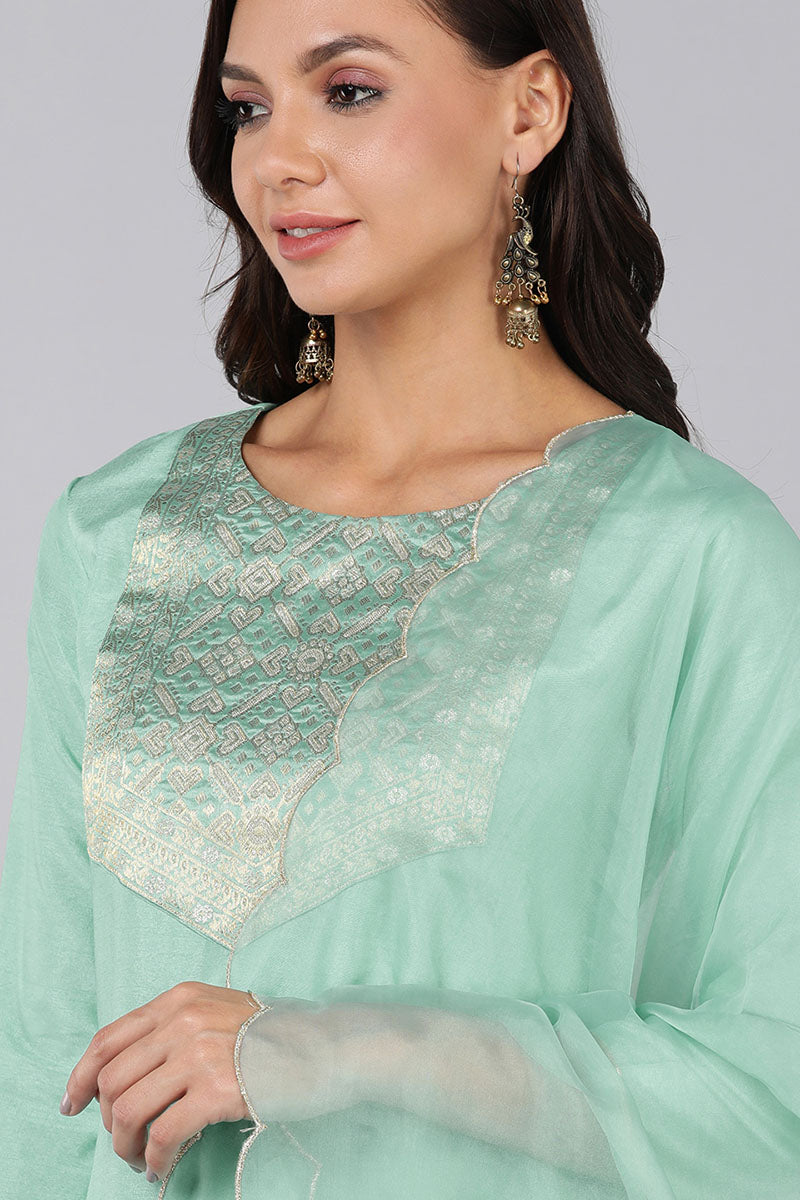 AHIKA Women Sea Green Yoke Design Kurta Trousers With Dupatta