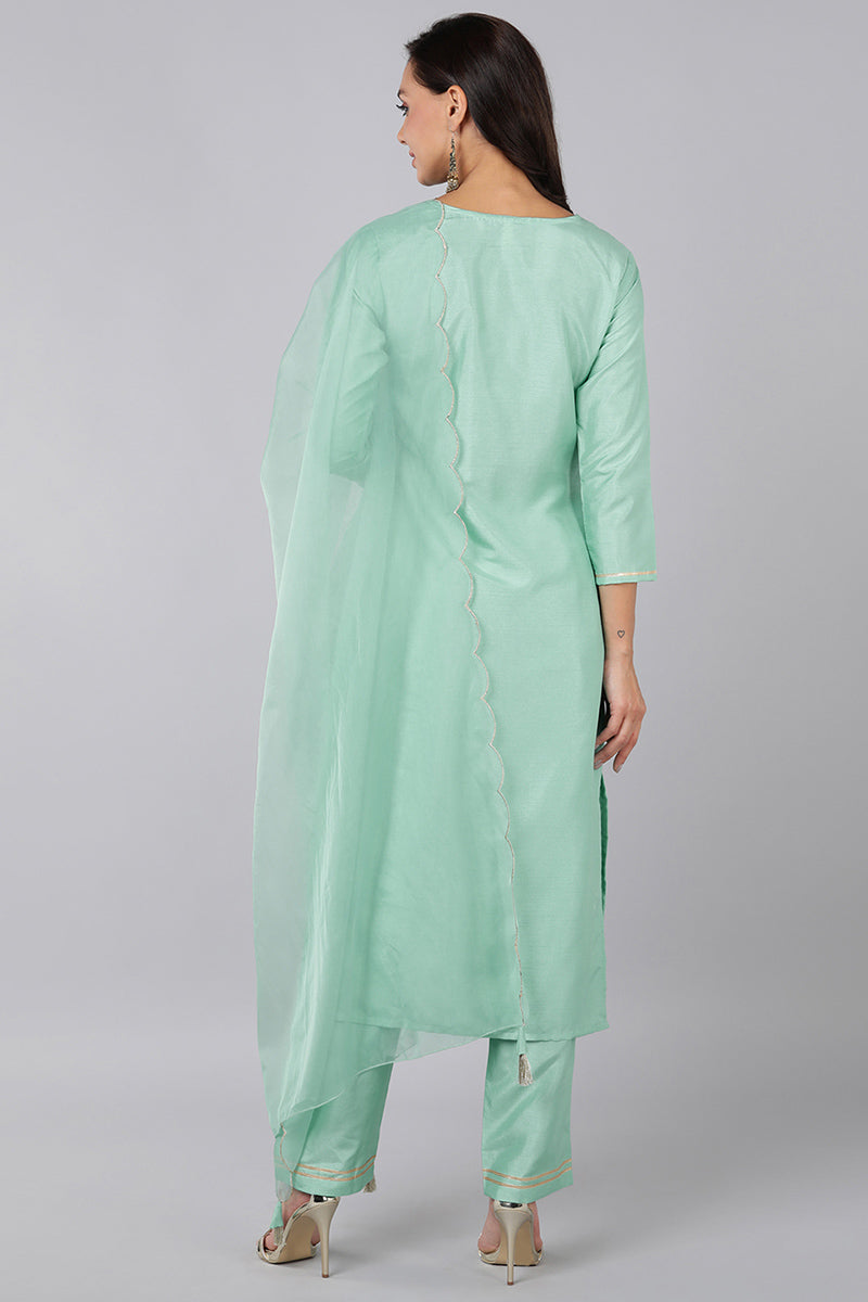 AHIKA Women Sea Green Yoke Design Kurta Trousers With Dupatta